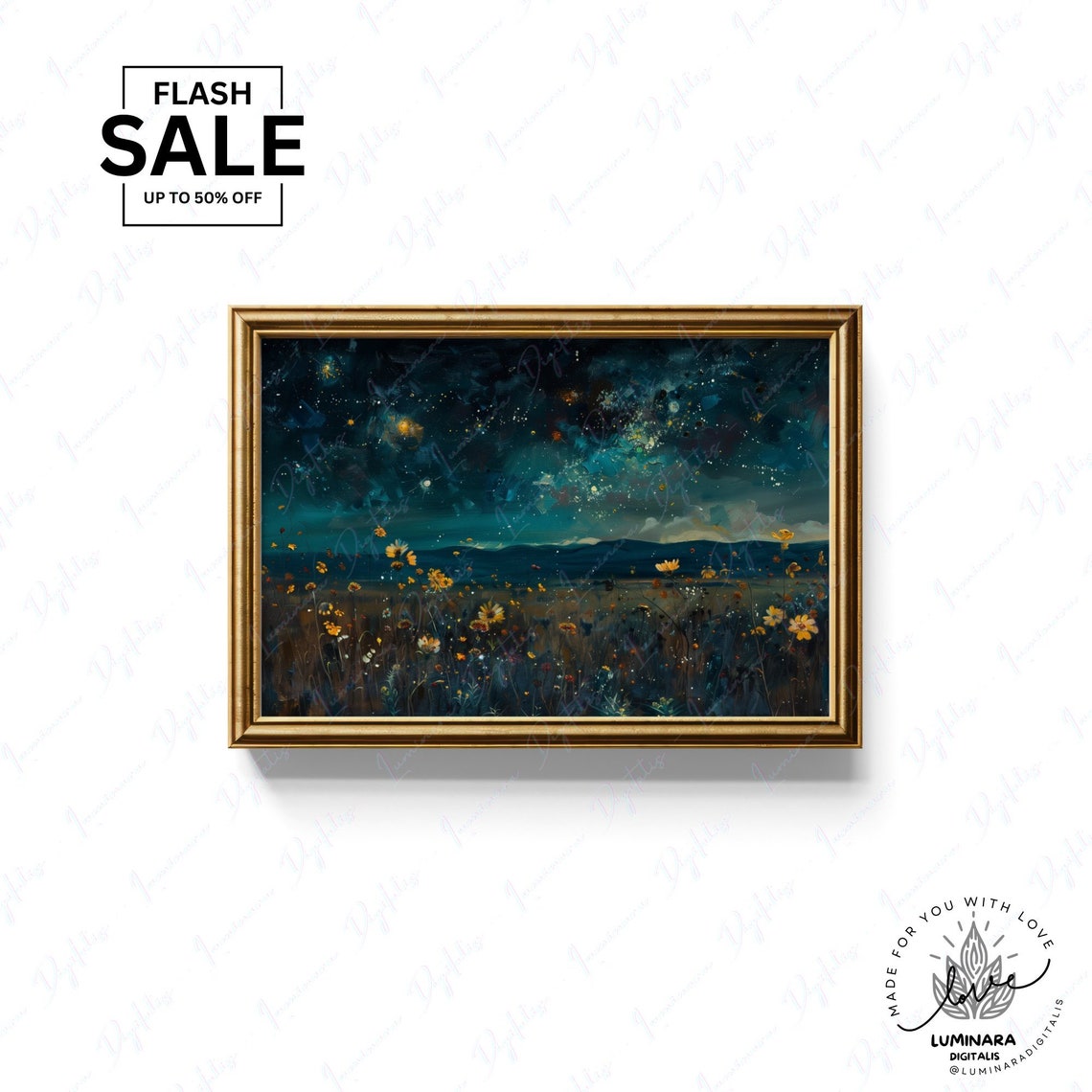 Starry Night Sky Over Golden Wildflower Meadow Night Art Poster - Image 3