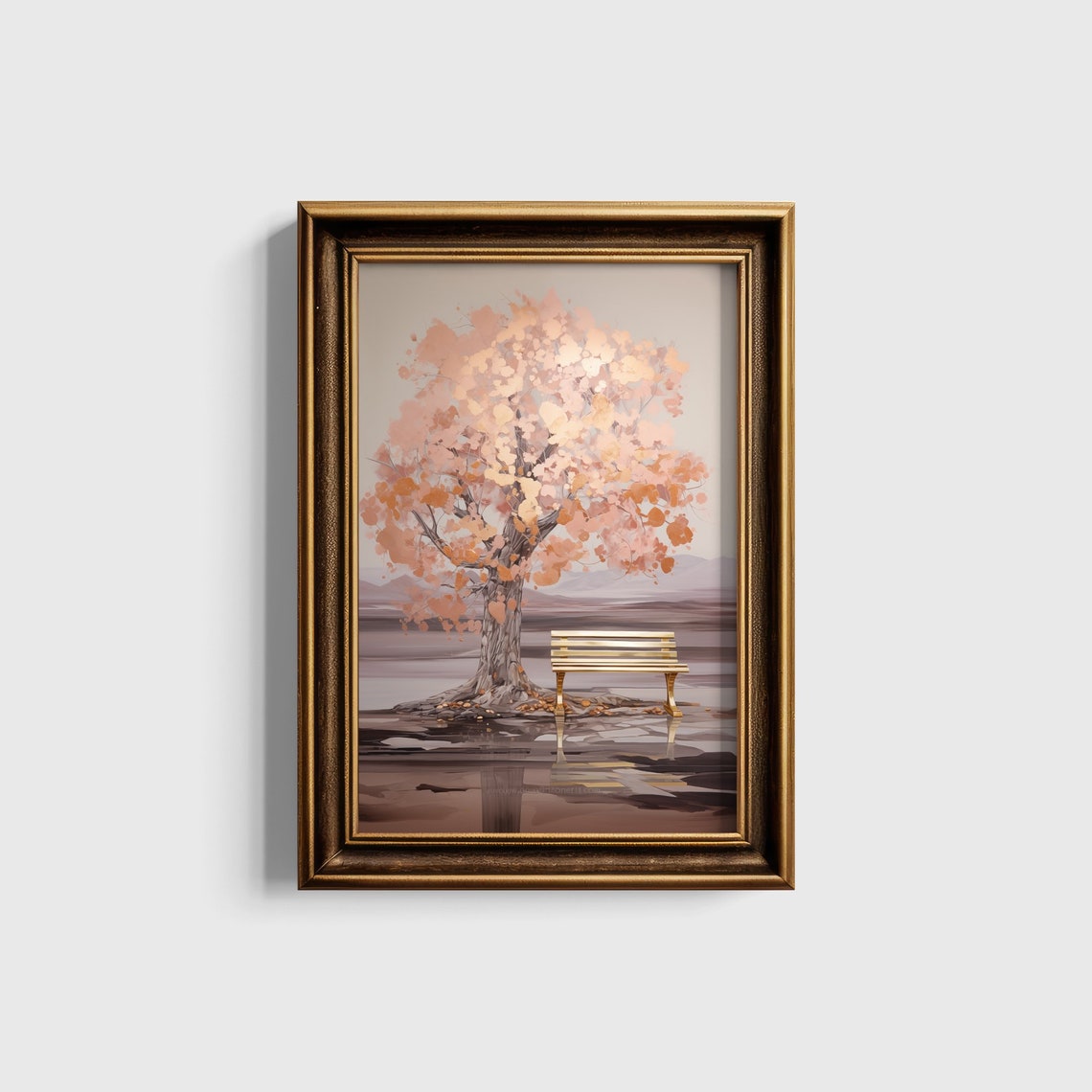 Pink Blossom Tree Beside An Empty Bench In Soft Mist Art Print - Image 5