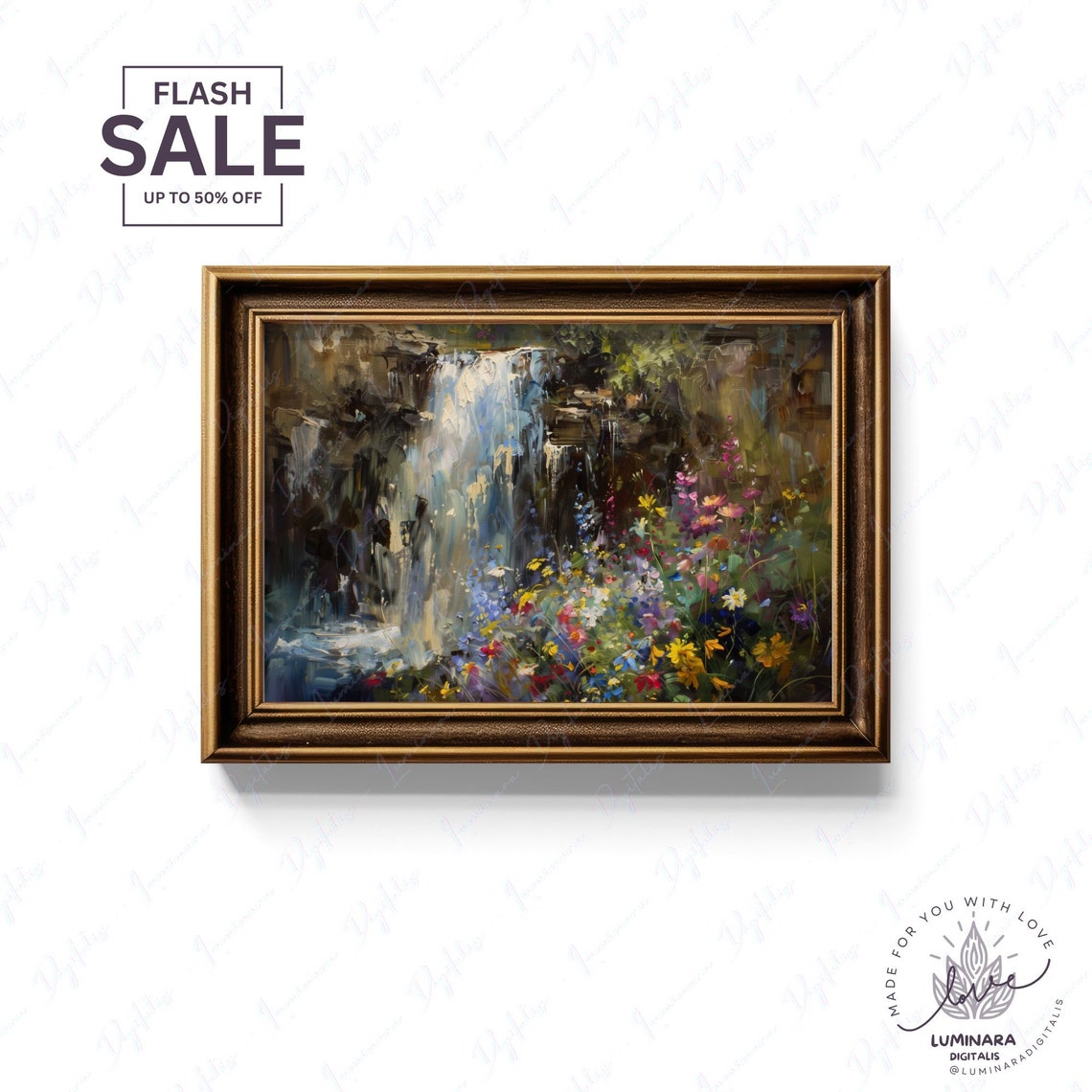 Waterfall Tumbling Over Dark Rocks Into Wildflower Meadow Poster - Image 2