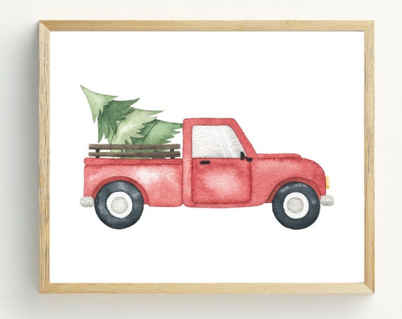 Red Truck And Tree Rustic Christmas Art Print
