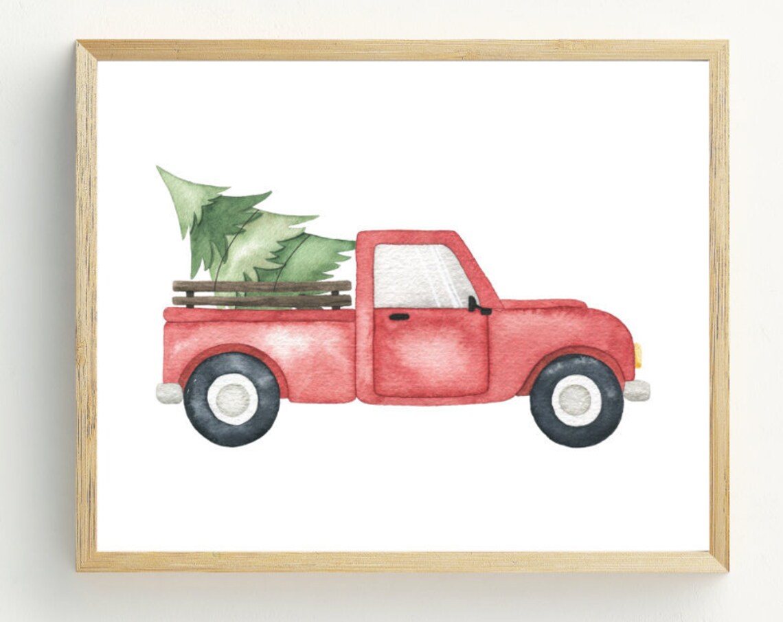 Red Truck And Tree Rustic Christmas Art Print