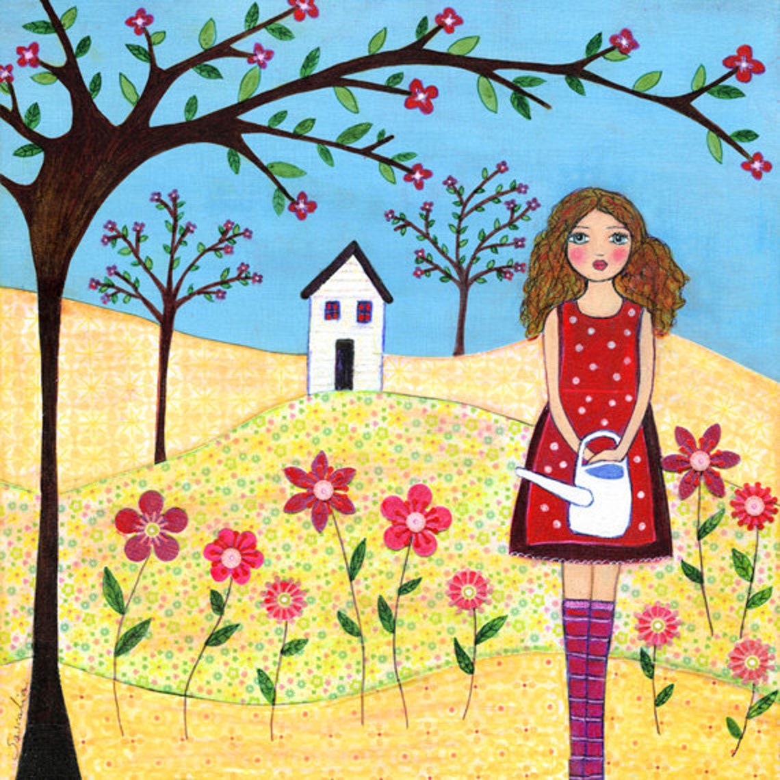 Redhead Girl Watering Flowers by Cottage Folk Art Nursery Wall Poster