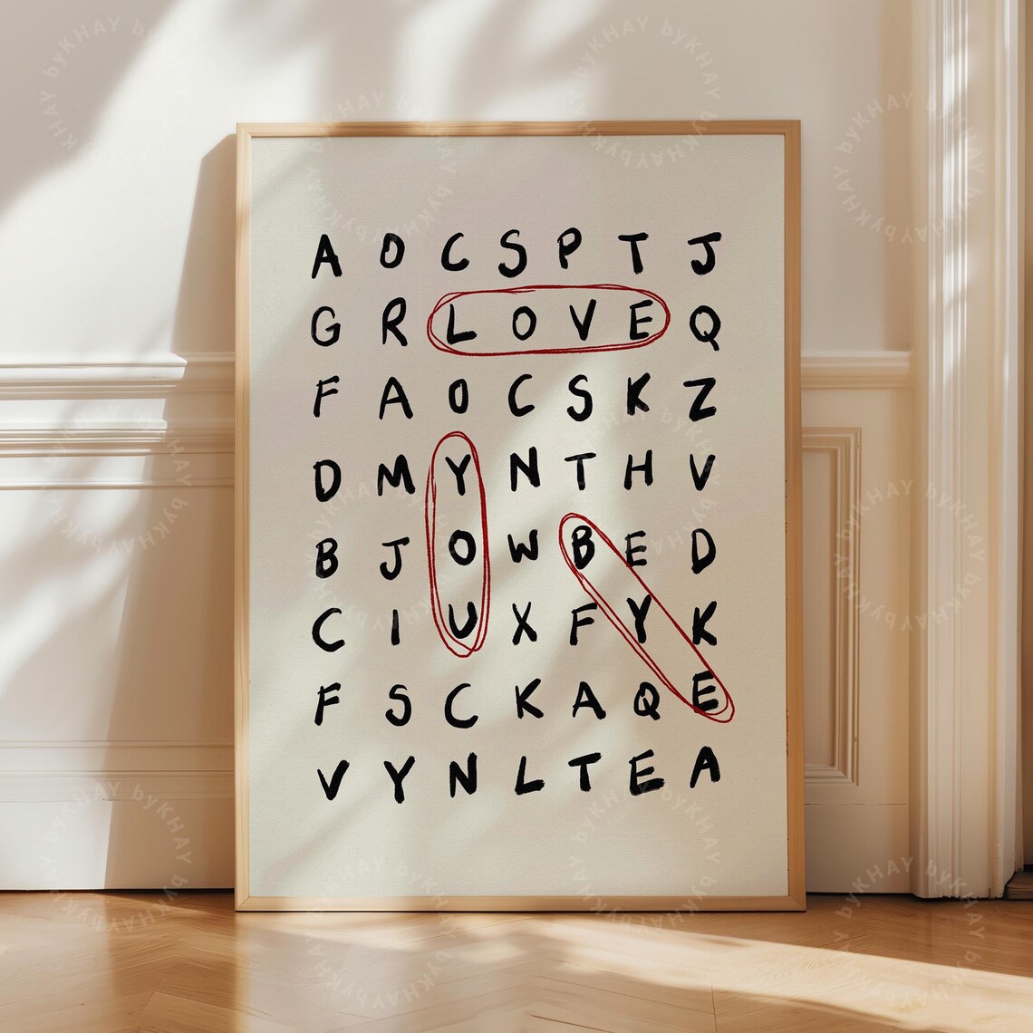 Love You Bye Crossword Hallway Sign, Typography Print