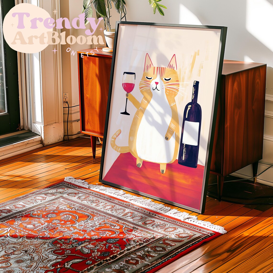 Funny Orange Tabby Cat Holding Wine Glass Bar Cart Decor Art Poster - Image 2