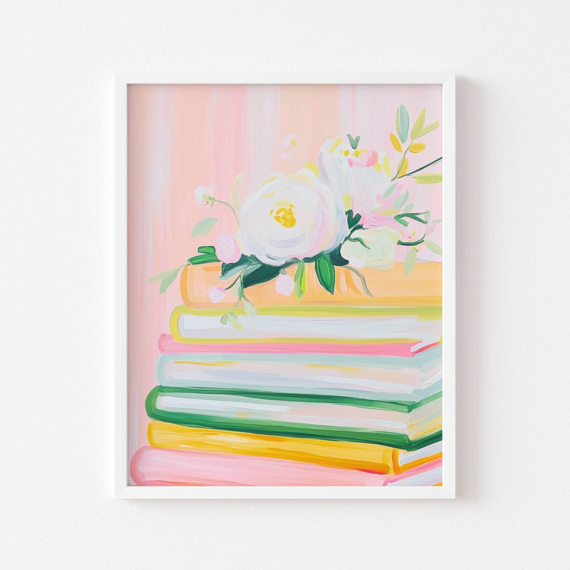 Stack Of Pastel Books Crowned With White Peony Flowers Poster