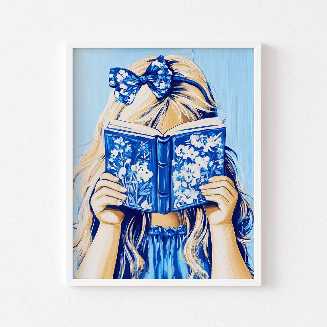 Girl Reading a Book Hidden Behind Its Cover Blue Floral Style Poster