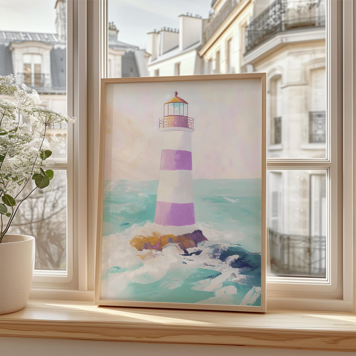 Purple And White Lighthouse Wall Art Pastel Poster - Image 2