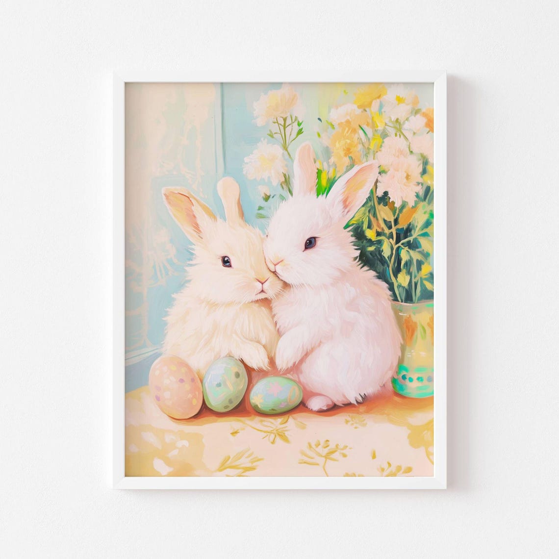 Two Fluffy White Bunnies Cuddling With Easter Eggs Spring Poster