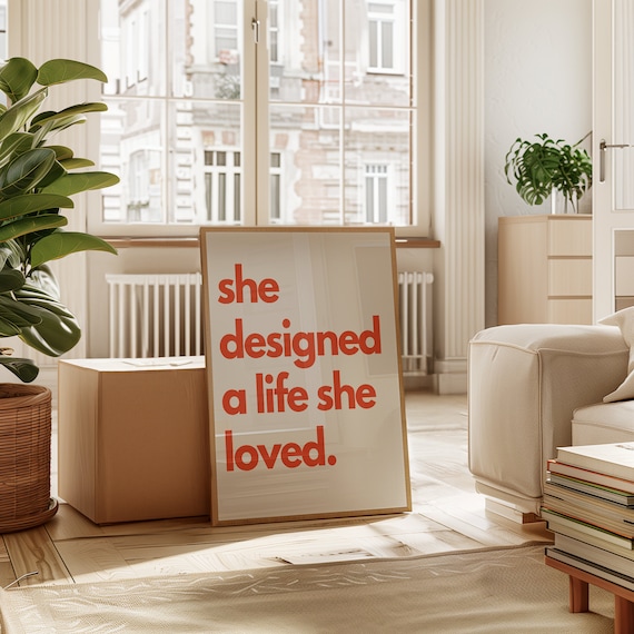 She Designed a Life She Loved Red Typography Feminist Quote Poster