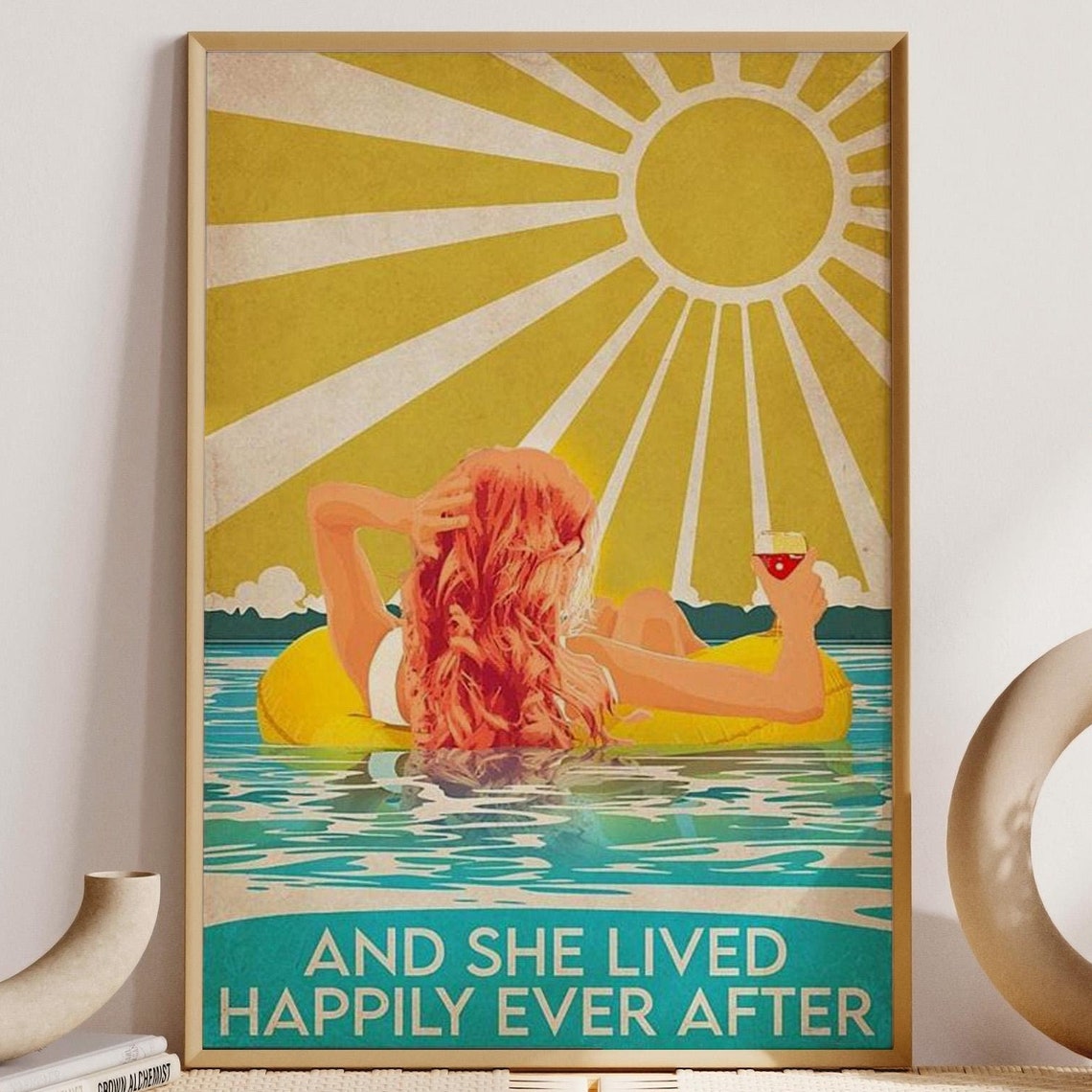 Swimming Girl Art Print And She Lived Happily Ever After Poster Vintage Swimming Girl Wall Art Swimming Wall Decor Swimming Pool Girl