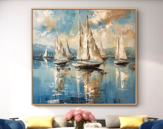 Original Nautical Sailboat Oil Painting On Extra Large Blue Ocean Wall Decor Master Bedroom Sail Harbor Wall Painting Gift