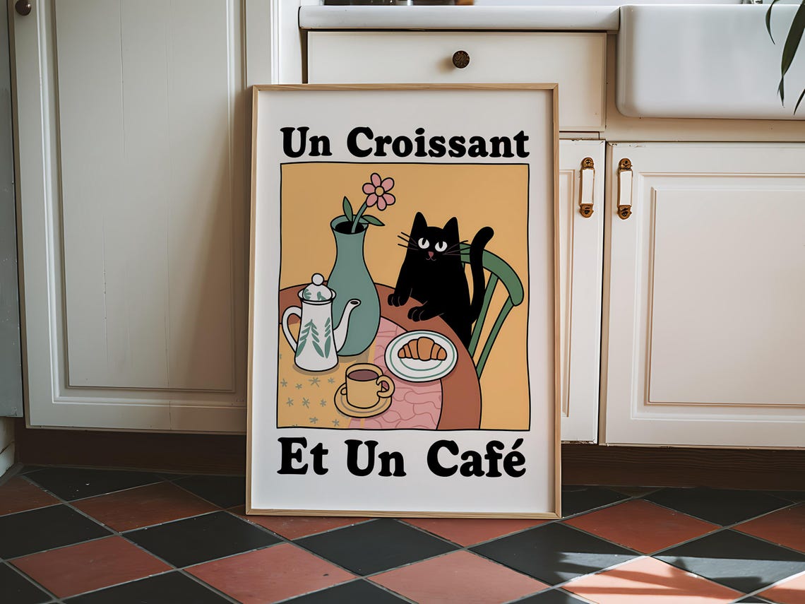 Un Croissant Et Un Café Cat, Vintage Kitchen Art Print - Image 5