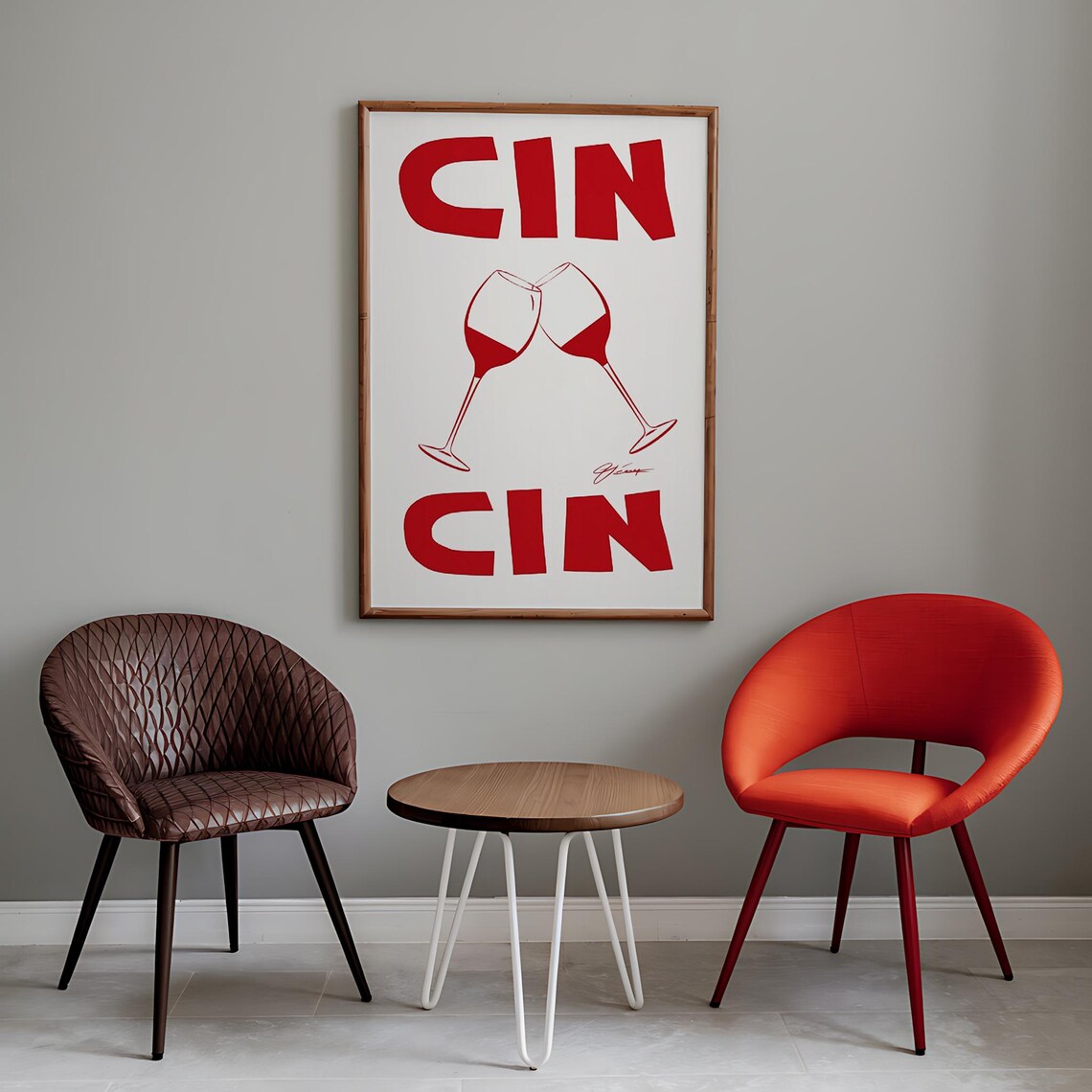 Cin Cin Red Lettering with Two Clinking Wine Glasses Italian Bar Cart Art Poster - Image 2