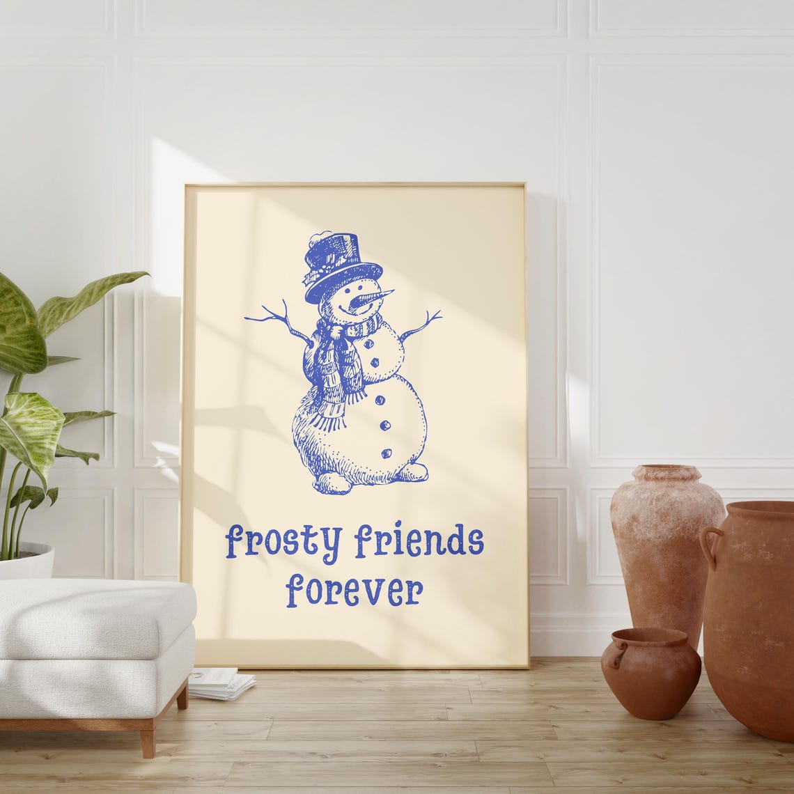 Frosty Friends Forever Snowman Christmas Blue Ink Holiday Art Print