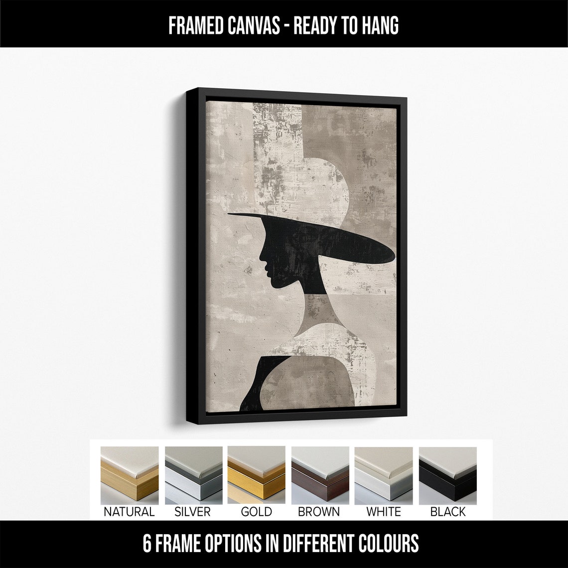 Woman Silhouette Wide Brim Hat Minimalist Beige Abstract Art Print - Image 3