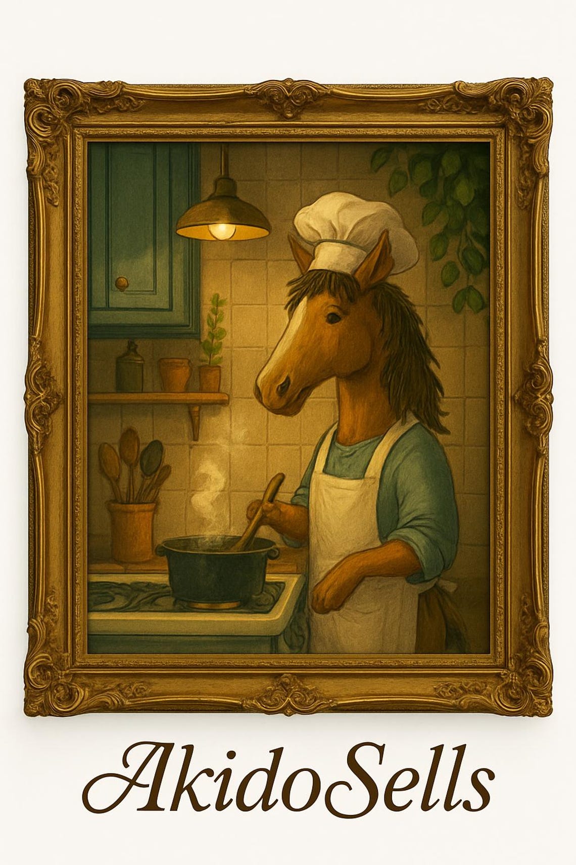 Horse Chef Cooking in Vintage Kitchen Whimsical Culinary Wall Art