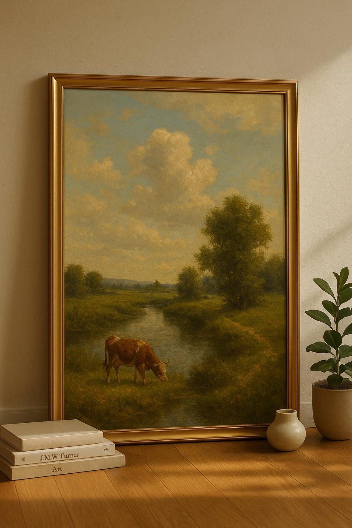 Brown Cow Grazing by River Pastoral Countryside Vintage Art Poster