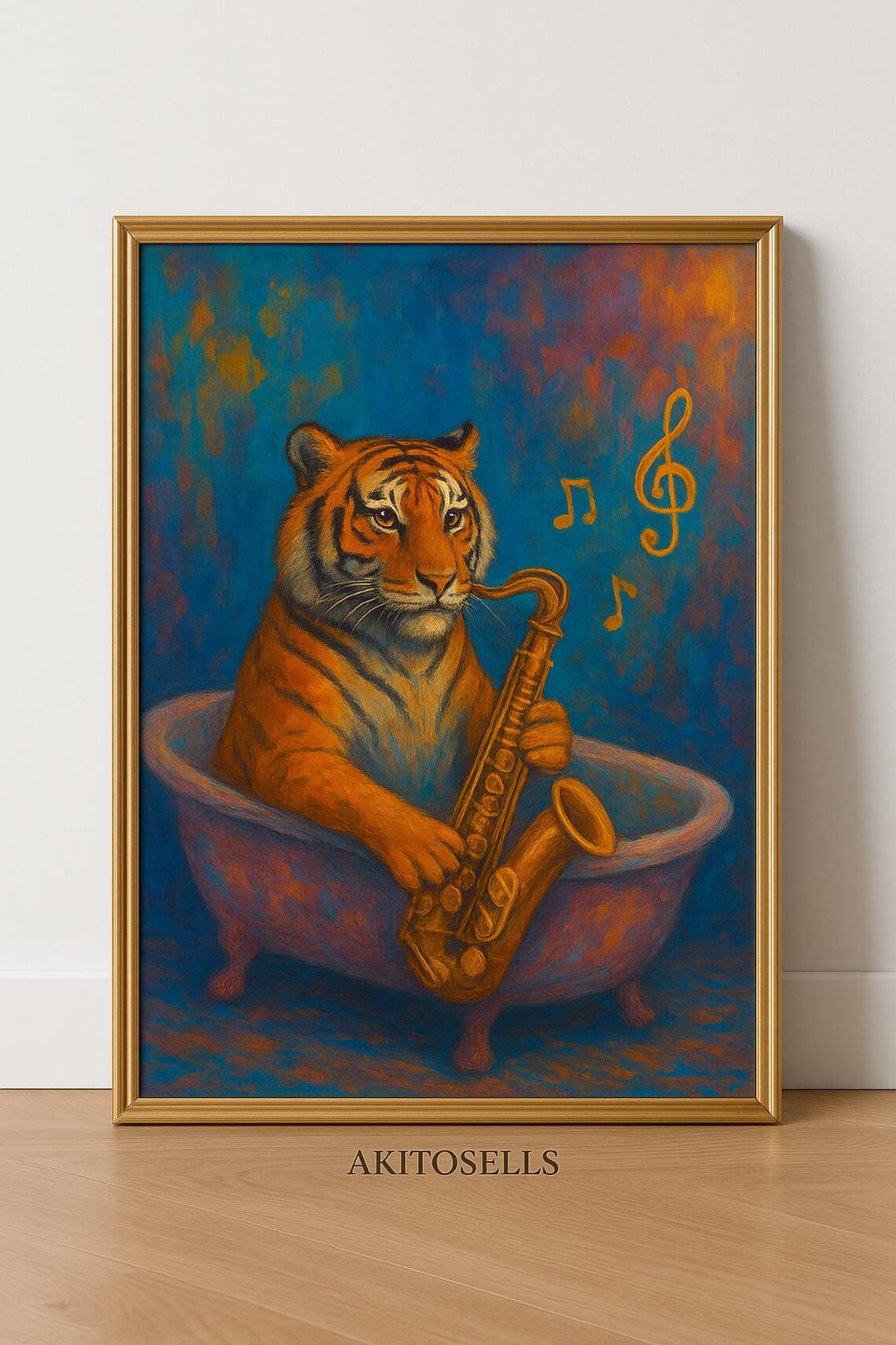 Cool Tiger Playing Saxophone in Bathtub Funny Jazz Art Poster