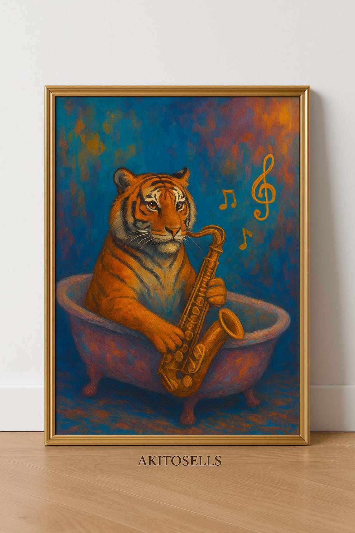 Tiger In Bathtub Saxophone Print Whimsical Jazz Animal Art