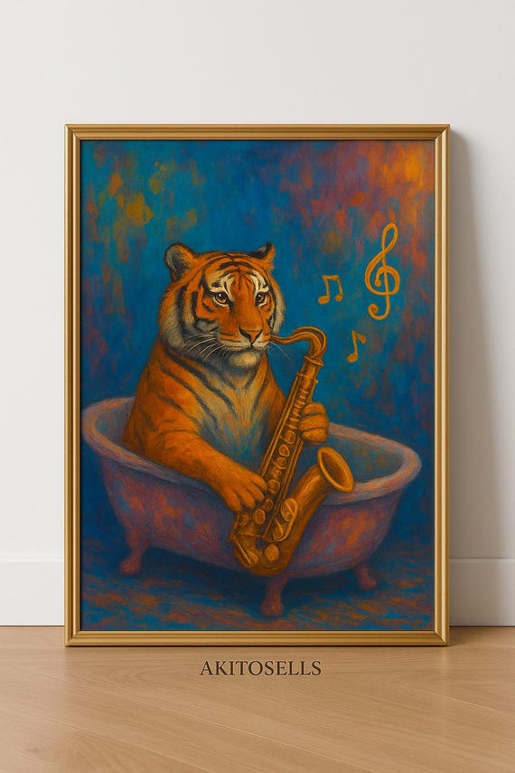 Tiger In Bathtub Saxophone Print Whimsical Jazz Animal Art