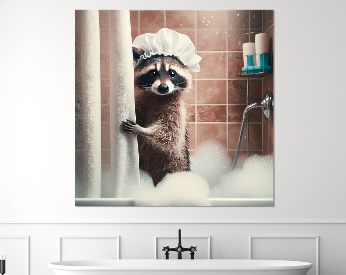 Cute Raccoon With White Shower Cap Peeking From Shower Curtain Poster - Image 4
