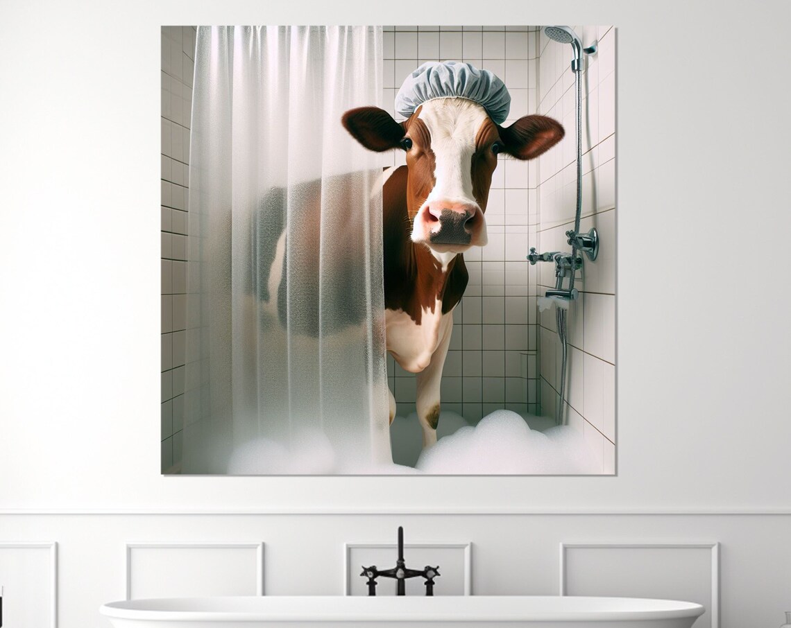 Funny Cow Wearing Shower Cap Standing in Shower Bathroom Animal Poster
