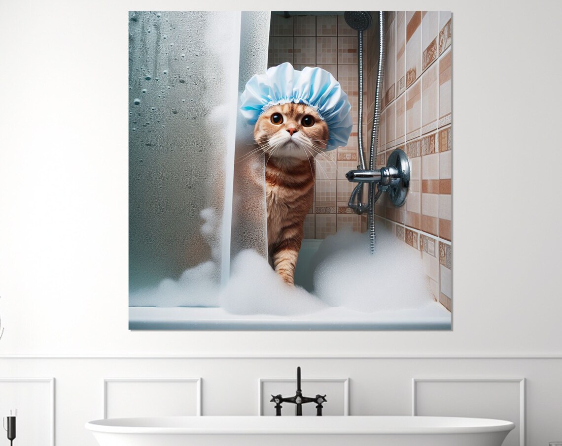Cute Cat In The Bathroom, Bathroom Wall Art Print - Image 4