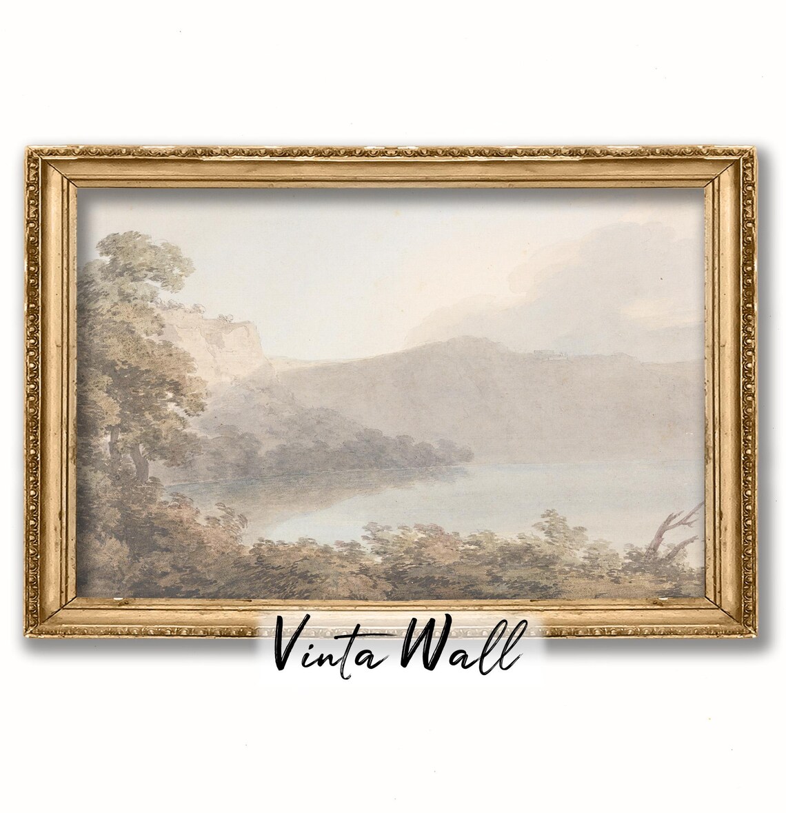 Misty Lake and Cliffs Soft Sepia Watercolor Landscape Painting Poster - Image 2