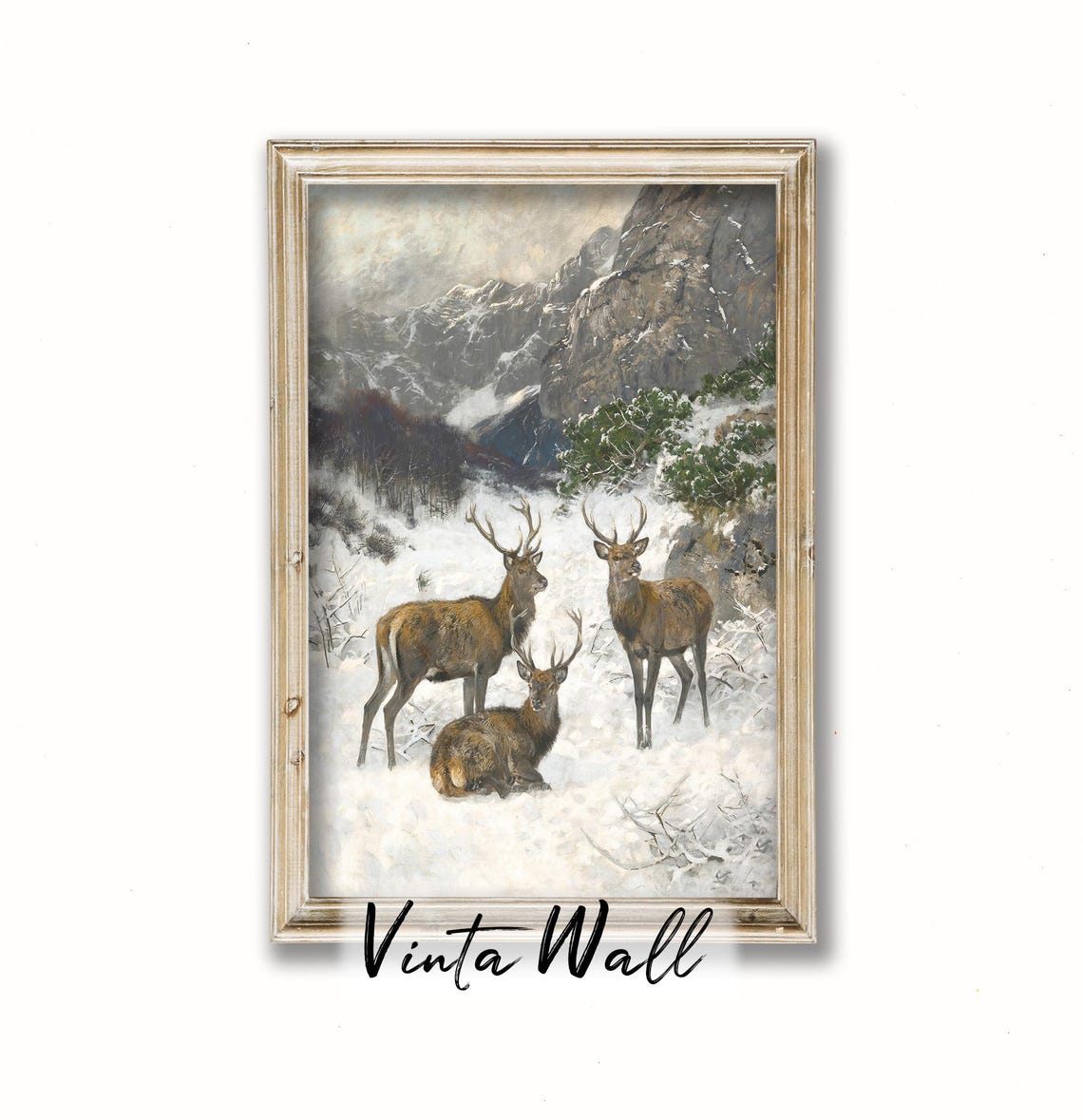 Red Deer Stags Snowy Mountain Vintage Wildlife Winter Art Poster
