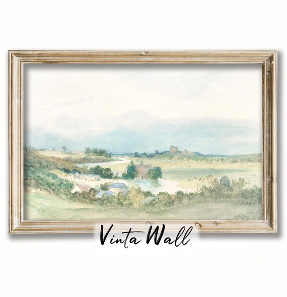 Valley with Hilltop Castle Ruin Vintage Watercolor Landscape Poster