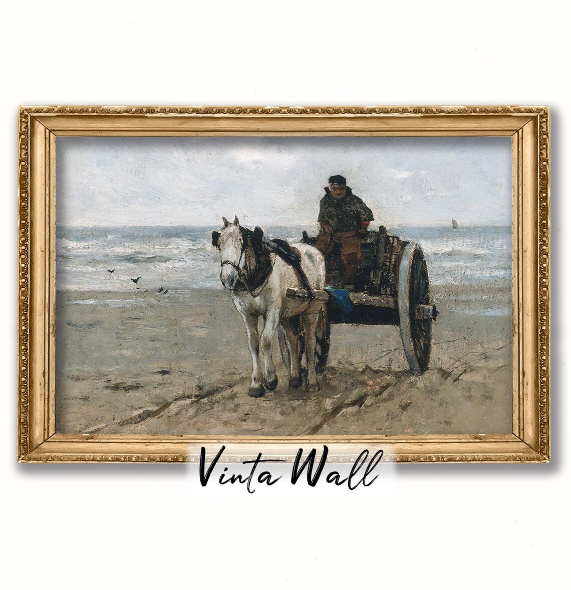 Horse Cloudy Winter Gray Oil Painting Beach Farmhouse Carriage Vintage Landscape Print Art Country Rustic Home Wall Decor Antique - Image 3