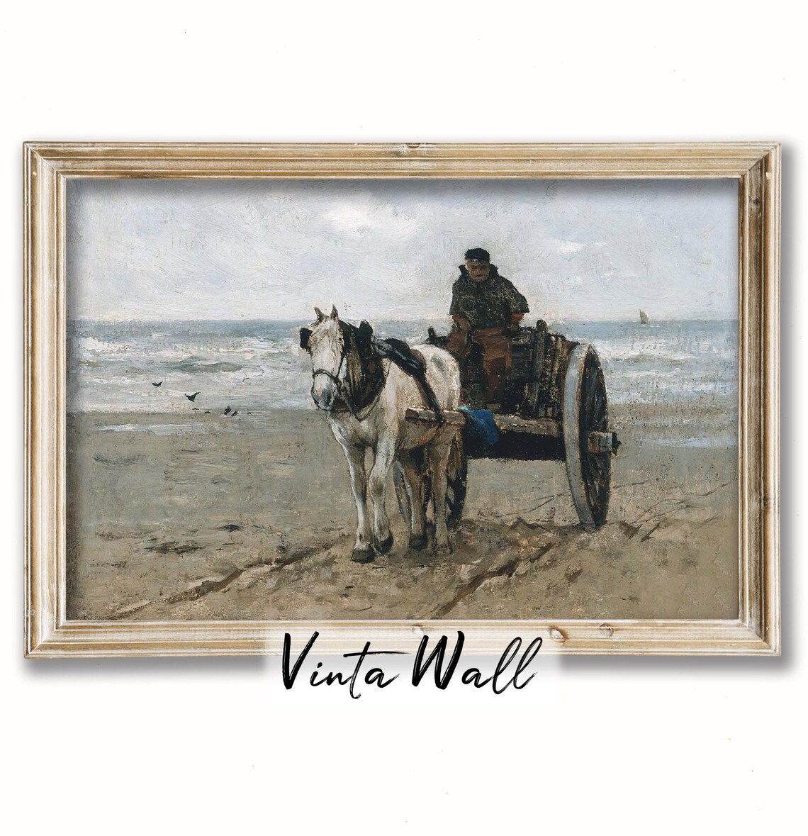 Fisherman With Horse Cart on Windswept Beach Vintage Coastal Oil Poster