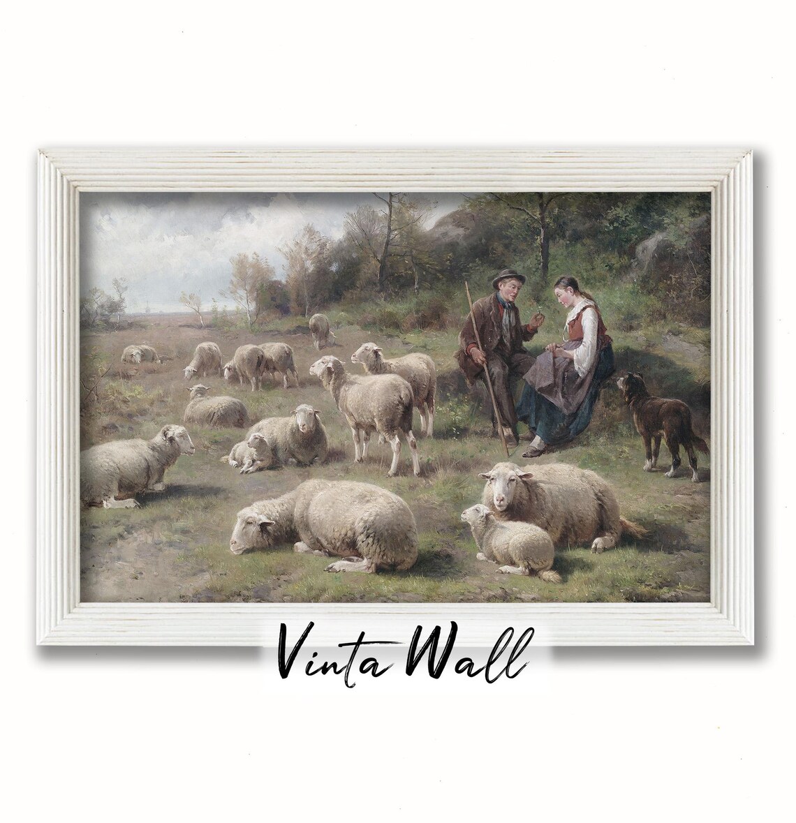 Shepherd and Maiden among Sheep Vintage Pastoral Oil Painting Poster - Image 4