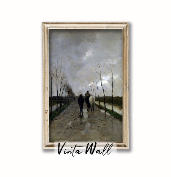 Horse Riders on a Muddy Tree Lined Path Under a Cloudy Sky Poster