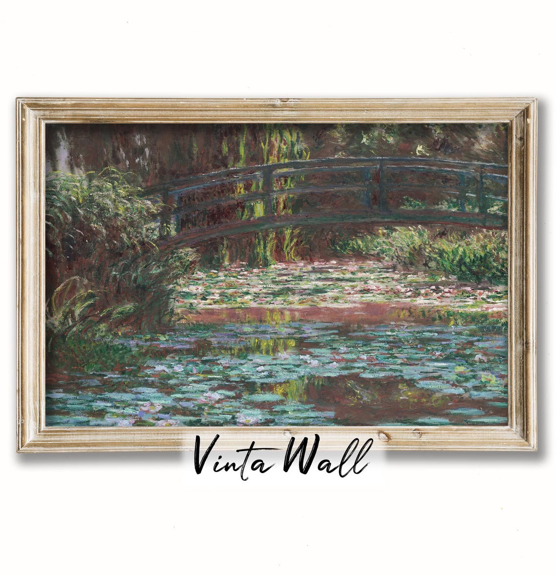 Oil Painting Lake Flower Water Lily Vintage Landscape Print Art Country Lake River Warm Tones Rustic Home Wall Decor Antique Green