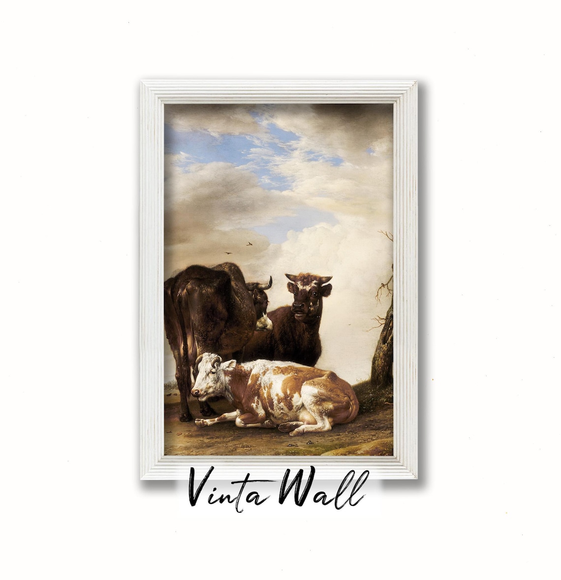 Three Cows Resting Under Cloudy Sky Vintage Farm Animal Painting Poster - Image 3