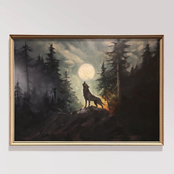Howling Wolf Full Moon Night Pine Forest Misty Wildlife Art Poster
