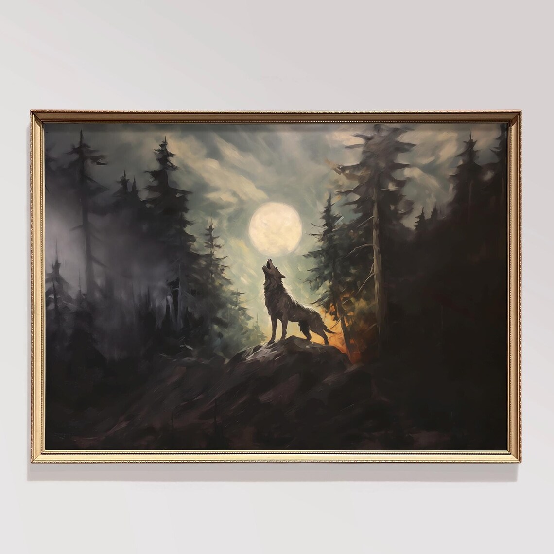 Howling Wolf Full Moon Night Pine Forest Misty Wildlife Art Poster