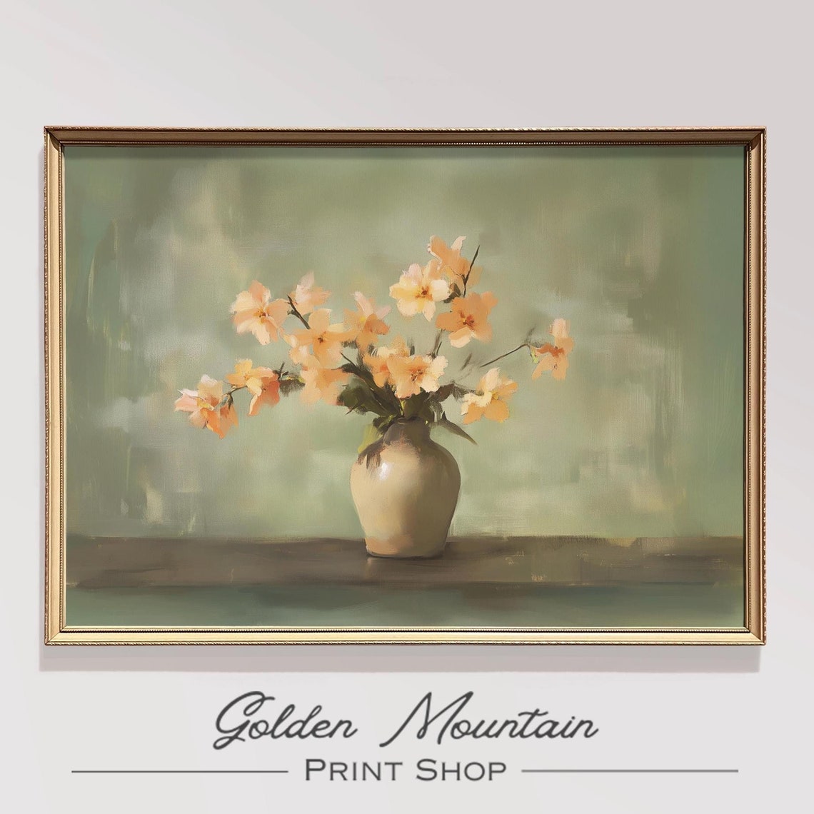 Blush Cherry Blossom Stems Ceramic Vase Sage Floral Art Print