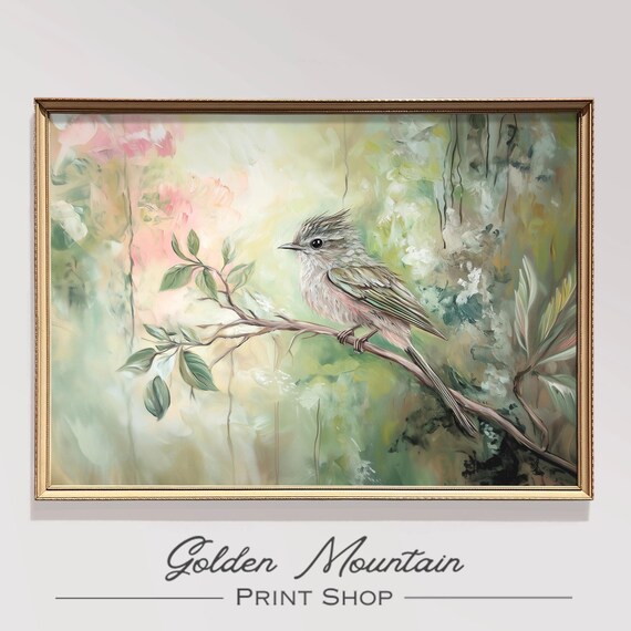 Small Crested Songbird On Leafy Branch Pastel Green Spring Oil Painting Poster