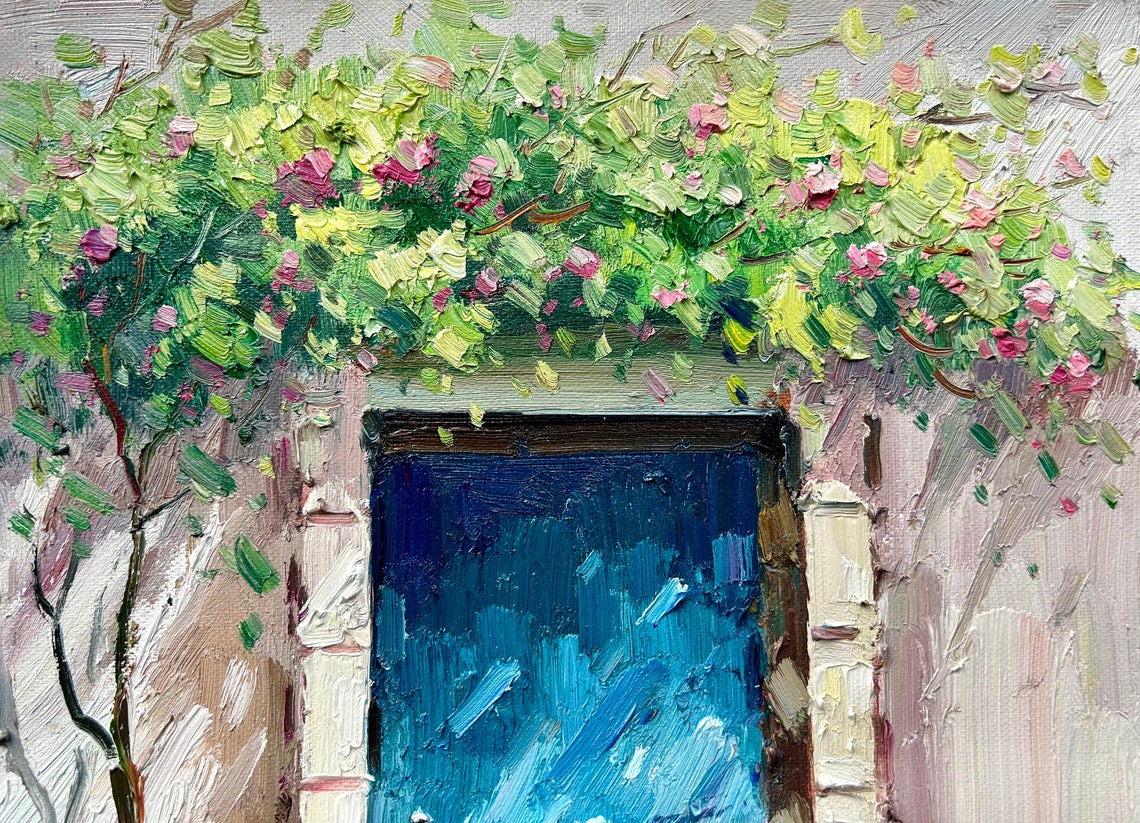 Blue Mediterranean Door Blooming Vines Charming Entryway Print - Image 4