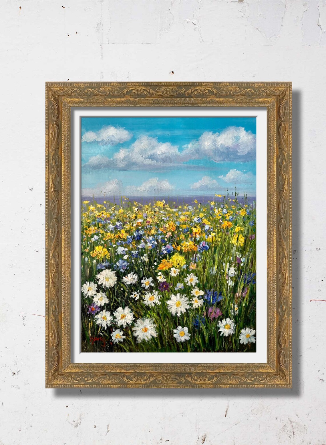 Wildflower Meadow Daisies Blue Sky Summer Blooms Field Oil Poster