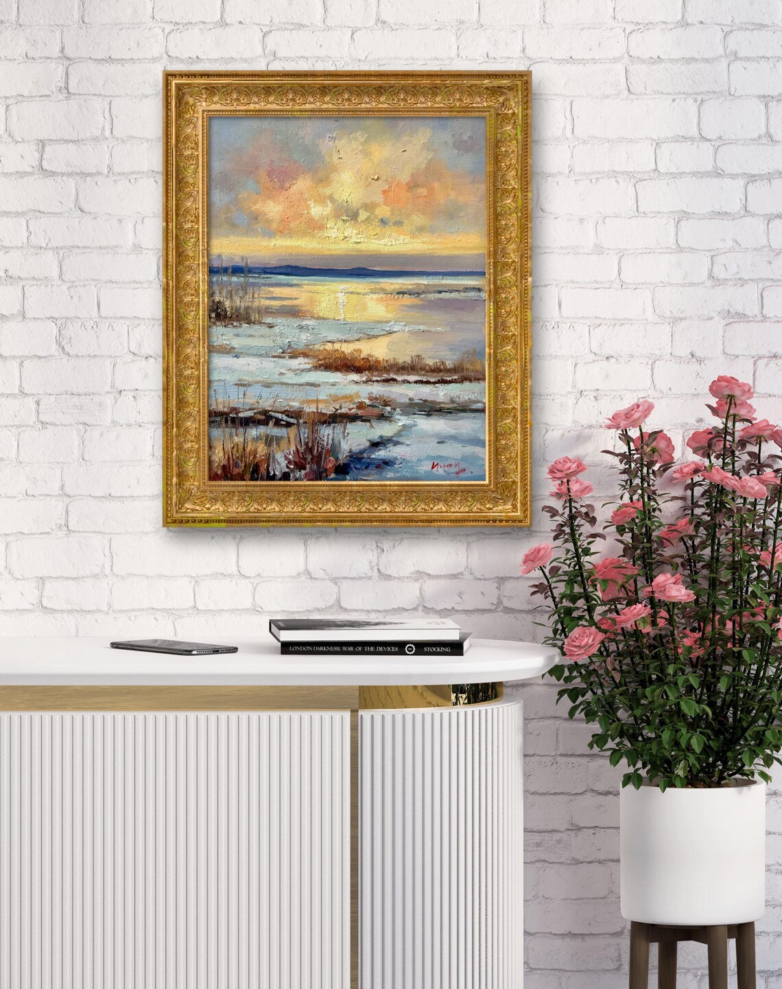 Winter Wetlands Sunset Oil Painting Frozen Lake Golden Sky Poster - Image 2