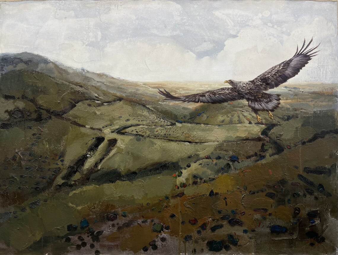 Soaring Eagle Over Rocky Mountain Plateau Wildlife Oil Painting Print