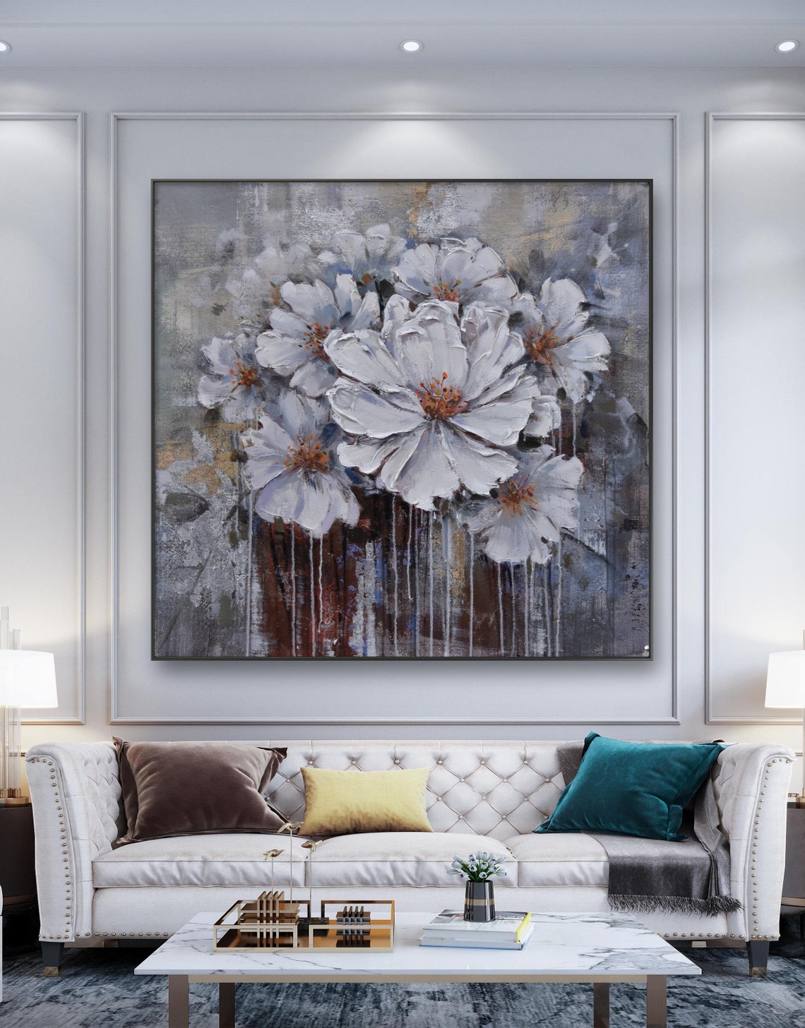White Flowers With Gold Drips Modern Abstract Floral Painting Print - Image 5