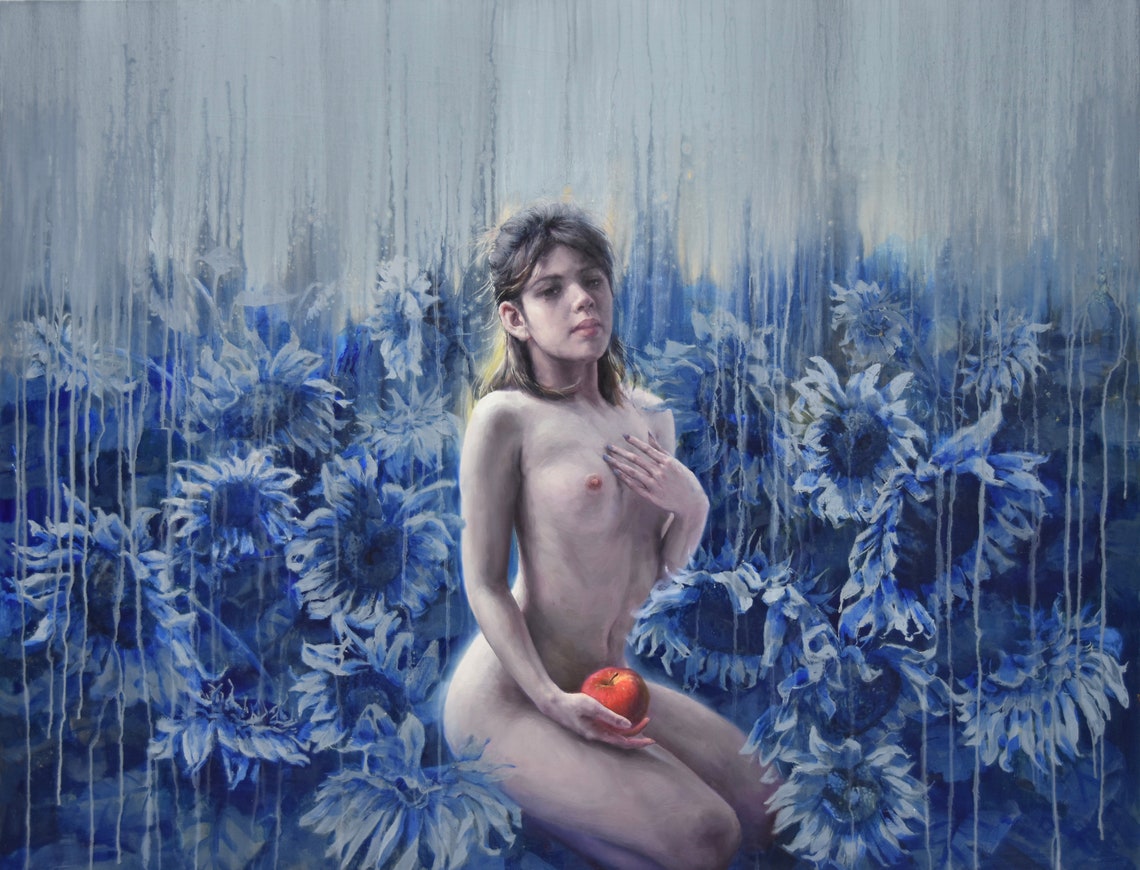 Original Oil Painting Body Art Naked Girl In Front Of Sunflower Flowers Nude Art Wall Art Oil Painting Special Gifts