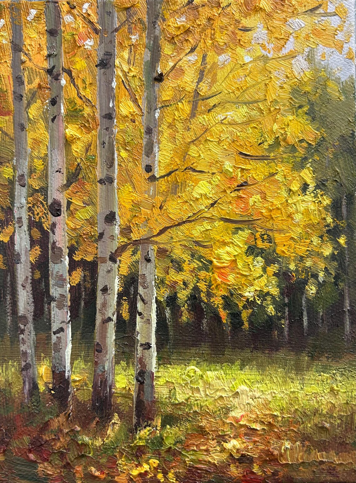 Golden Birch Trees Oil Painting Sunlit Autumn Trunks Forest Poster - Image 5