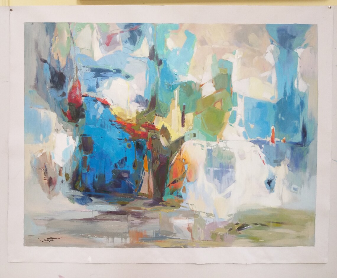 Blue Teal Abstract Orange Accents Modern Colorful Oil Art Print