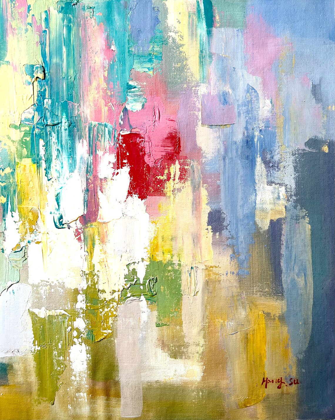 Pastel Yellow Pink Teal Abstract Cheerful Modern Oil Art Print - Image 4