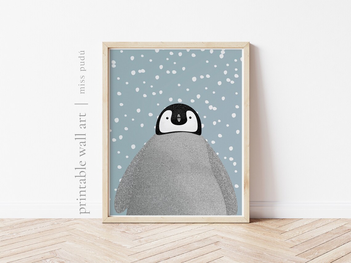 Baby Penguin In Falling Snow Blue Winter Nursery Animal Print - Image 3